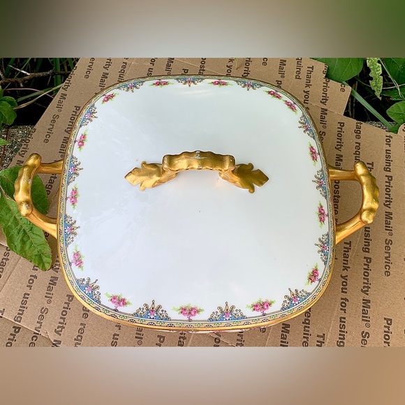 Vintage Limoges France Vignaud Square Gold Trim Lidded Vegetable Serving Bowl - Picture 12 of 16